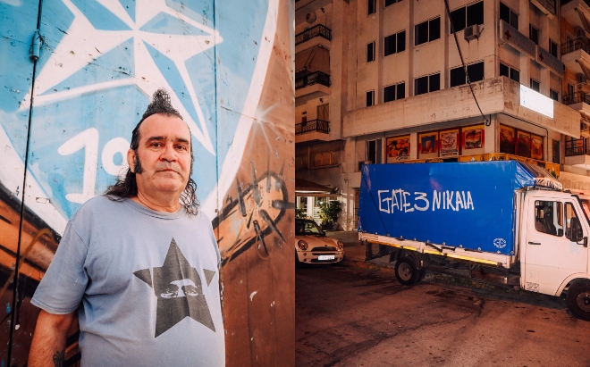Αριστερά το Μπλε Κοκόρι. Δεξιά ένα γκράφιτι των οπαδών του Ιωνικού σε φορτηγό της Νίκαιας.