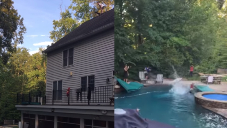 Μην το δοκιμάσετε στο σπίτι: Ανέβηκε με σκέιτ στη στέγη και προσγειώθηκε σε πισίνα (vid)