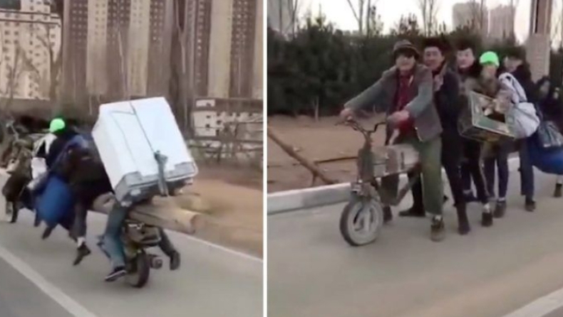 Μόνο στην Κίνα: Περίεργη μηχανή με επιβάτες επτά άτομα και ένα ψυγείο! (vid)