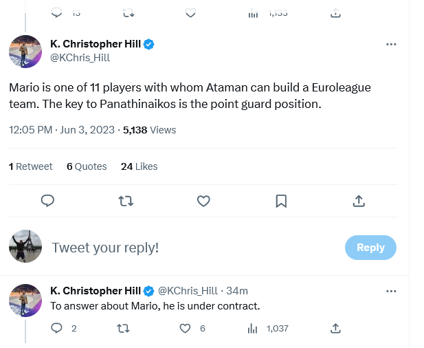 Το tweet του Κρίστοφερ Χιλ, μάνατζερ του Μάριο Χεζόνια.