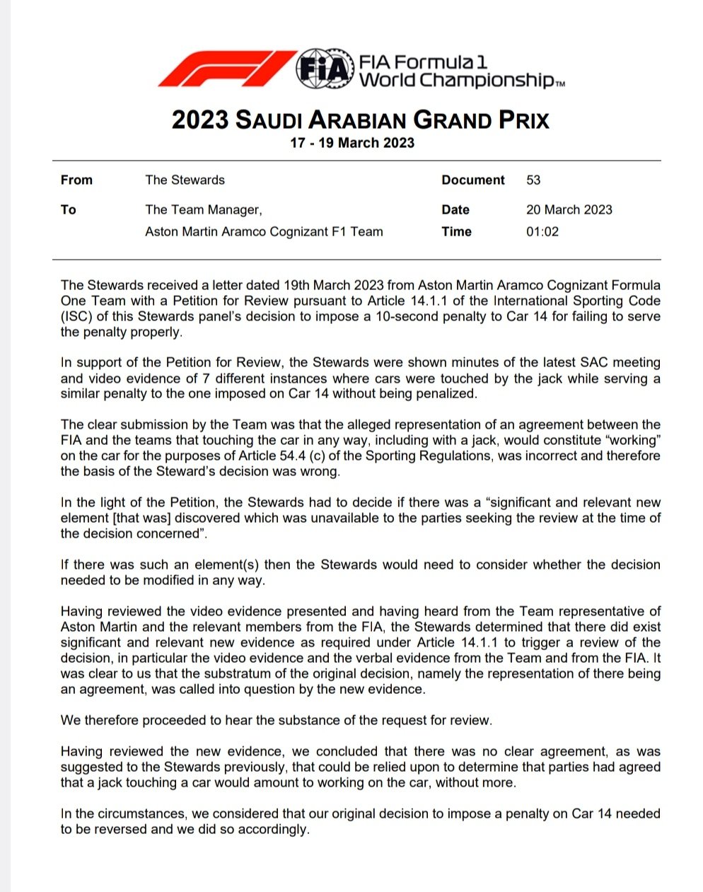 Η ανακοίνωση της FIA για την αναίρεση της ποινής στον Αλόνσο