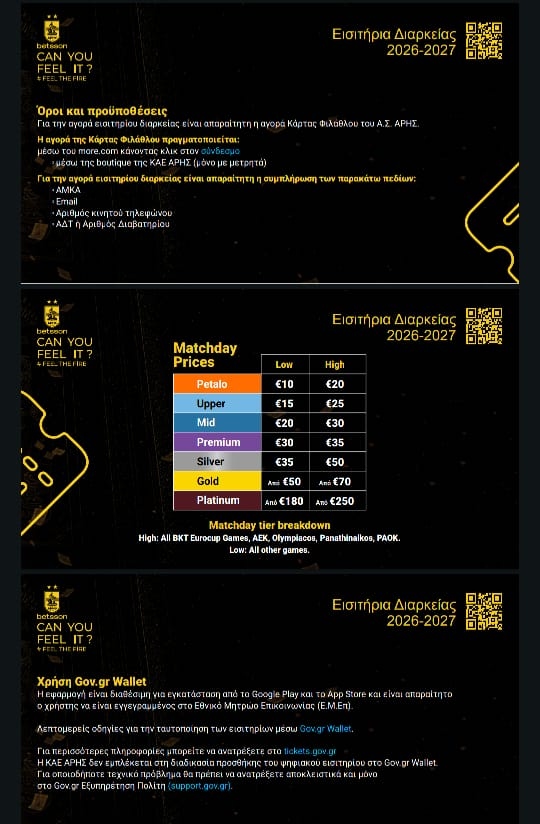 Εισιτήρια διαρκείας Άρη