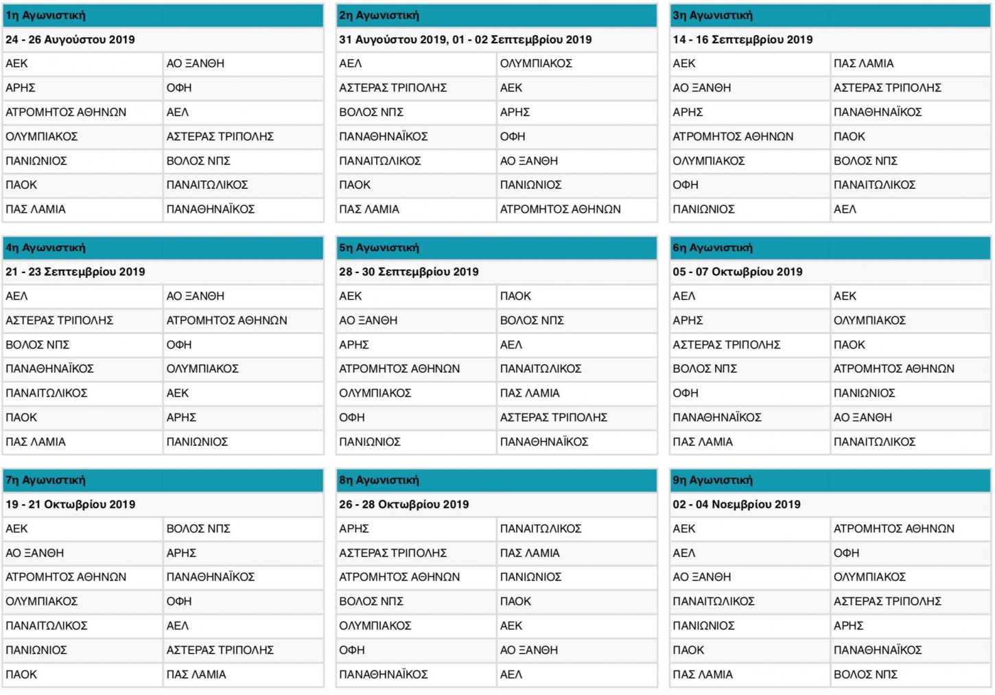 Super League 1 Το πρόγραμμα για τη σεζόν 2019/20 Gazzetta
