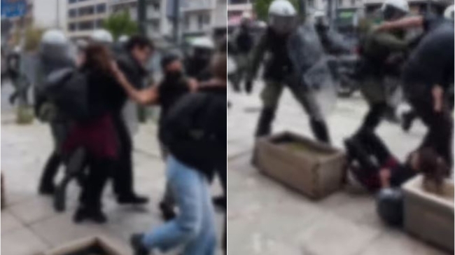 Απρόκλητη επίθεση: Άνδρας των ΜΑΤ κλώτσησε κοπέλα και την έριξε με το κεφάλι σε ζαρντινιέρα (vid)