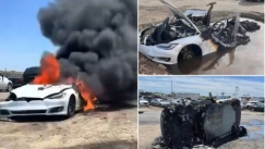 Η στιγμή που ένα Tesla φλέγεται στην Καλιφόρνια: Έσκαψαν λάκκο για να σβήσουν την μπαταρία (vid)