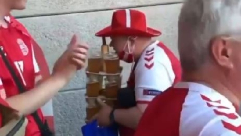 Euro 2020: Απίθανος Δανός ισορροπεί με 12 μπύρες και ένα χοτ ντογκ στο χέρι (vid)
