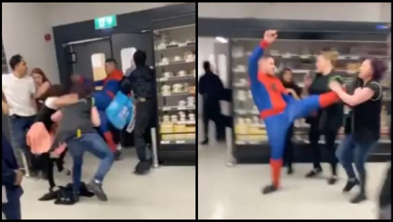 Αδιανόητο ξύλο σε σούπερ μάρκετ: Ντυμένος Spiderman μοίραζε μπουνιές και κλωτσιές (vid)