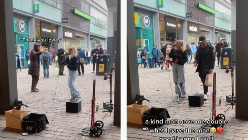 Τραγουδίστρια του δρόμου έδωσε χρήματα σε άστεγο και άγνωστος της έδωσε το διπλάσιο ποσό (vid)