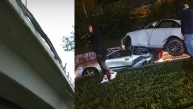 Σοκαριστικό τροχαίο με ένα νεκρό στη Νίκαια: Αυτοκίνητο έπεσε από αερογέφυρα και καταπλάκωσε άλλο (vid)