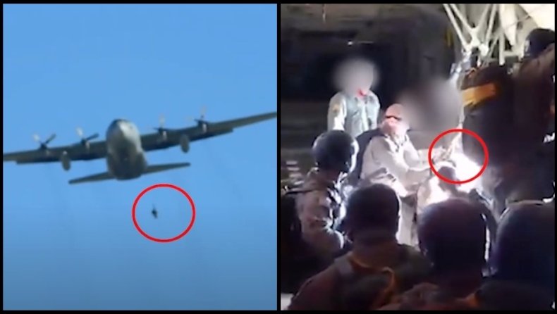 Video ντοκουμέντο από στρατιωτική άσκηση: Έλληνας αλεξιπτωτιστής κρεμάστηκε στο C-130, τον τραβούσαν για να ανέβει (vid)