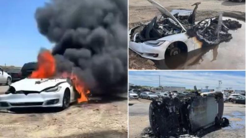 Η στιγμή που ένα Tesla φλέγεται στην Καλιφόρνια: Έσκαψαν λάκκο για να σβήσουν την μπαταρία (vid)