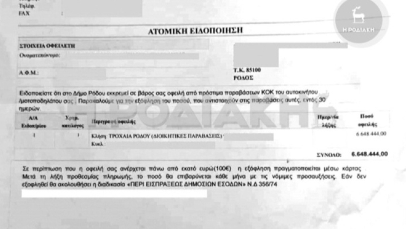 Γυναίκα στη Ρόδο έλαβε ειδοποιητήριο με πρόστιμο 6.648.444 ευρώ για τροχονομική παράβαση