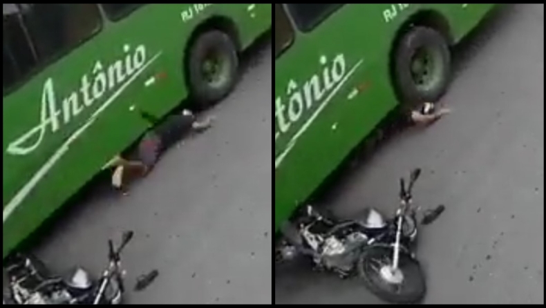 Απίστευτο βίντεο με οδηγό μηχανής: Του πάτησε το κεφάλι λεωφορείο, αλλά τον έσωσε το κράνος (vid)