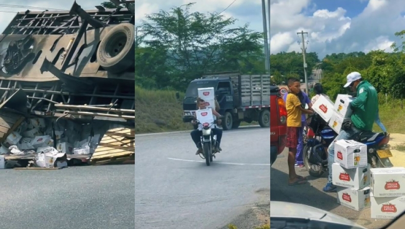 Φορτηγό με μπύρες ντελαπάρισε στην Κολομβία και οι περαστικοί δεν έχασαν την ευκαιρία: Φόρτωσαν κούτες ακόμα και σε μηχανάκια (vid)