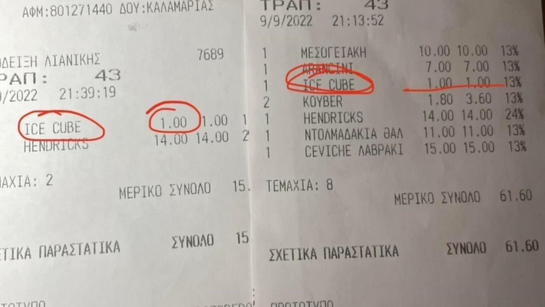 Που φτάσαμε: Bar-restaurant στη Θεσσαλονίκη χρεώνει ακόμα και τον… πάγο!