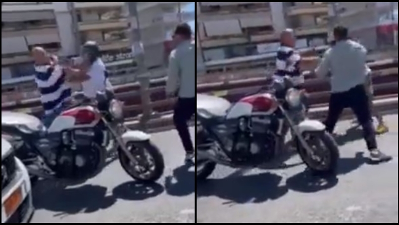Βίντεο ντοκουμέντο: Ο Μπέος και ένας άλλος άνδρας πλακώνονται με οδηγό μηχανής (vid)
