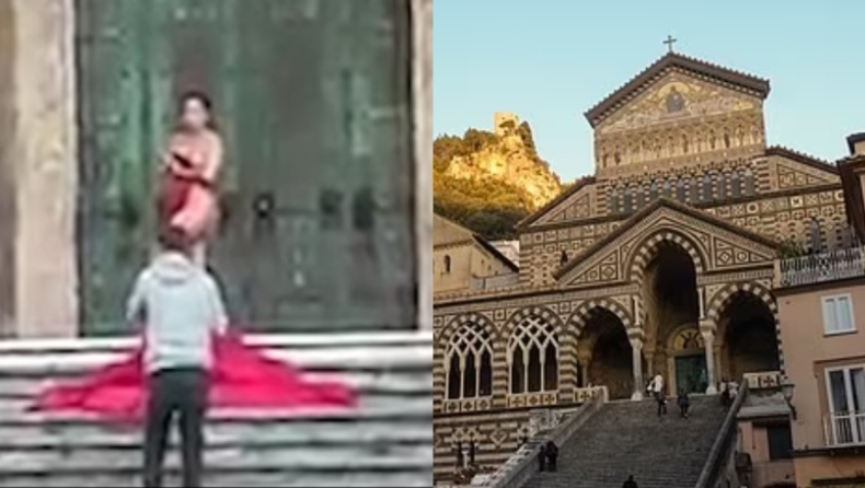 Σάλος στην Ιταλία με Βρετανίδα που πόζαρε γυμνή με ένα κόκκινο ύφασμα μπροστά σε καθεδρικό ναό (vid)