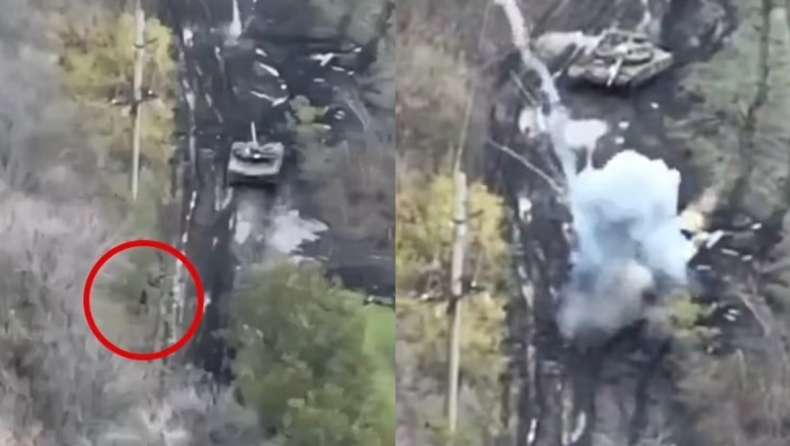  H στιγμή που Ουκρανός στρατιώτης πετάχτηκε από την κρυψώνα του για να διαλύσει με πύραυλο ένα διερχόμενο ρωσικό άρμα (vid)