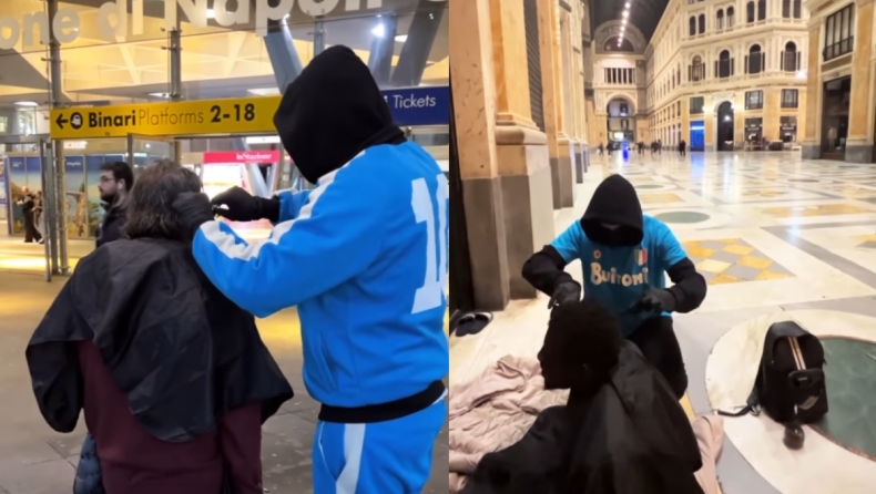 «Μασκοφόρος» οπαδός της Νάπολι κουρεύει τους άστεγους της πόλης με φανέλα Μαραντόνα (vid)