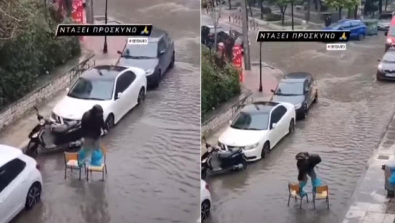 Πολυμήχανος Έλληνας χρησιμοποιεί κάθε μέσο για να διασχίσει τον πλημμυρισμένο δρόμο (vid)