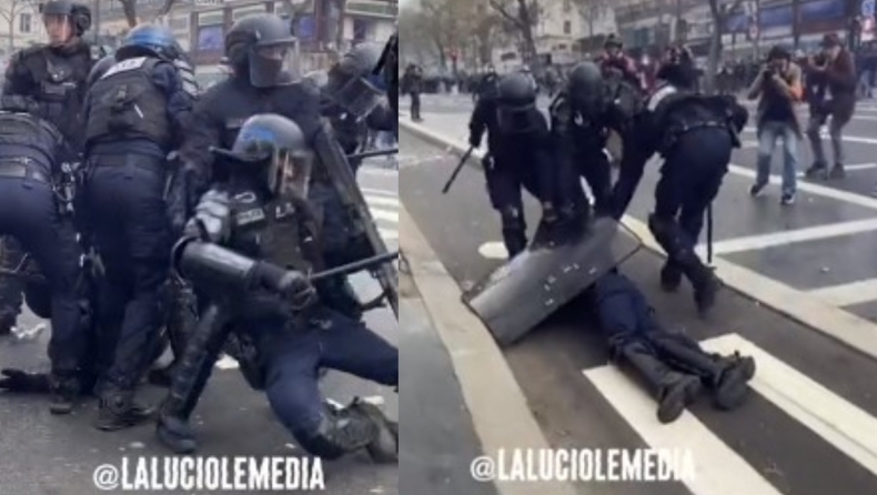 Απίστευτο βίντεο δείχνει αστυνομικό στο Παρίσι να καταρρέει μπροστά στην κάμερα με τους συναδέλφους του να τον κουβαλάνε στα χέρια (vid)