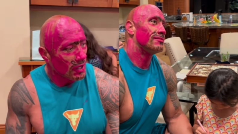 Ο Dwayne Johnson άφησε τις κόρες του να τον βάψουν ροζ (vid)