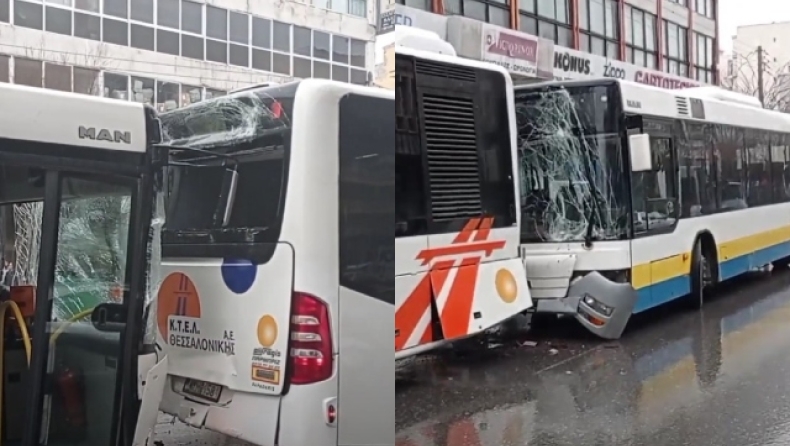 Συγκρούστηκαν αστικά λεωφορεία στην Θεσσαλονίκη με δύο τραυματίες