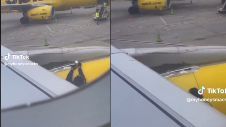 Έντρομος επιβάτης αεροπλάνου παρακολουθεί εργαζόμενο να τοποθετεί ταινία στο φτερό του αεροπλάνου πριν την απογείωση (vid)