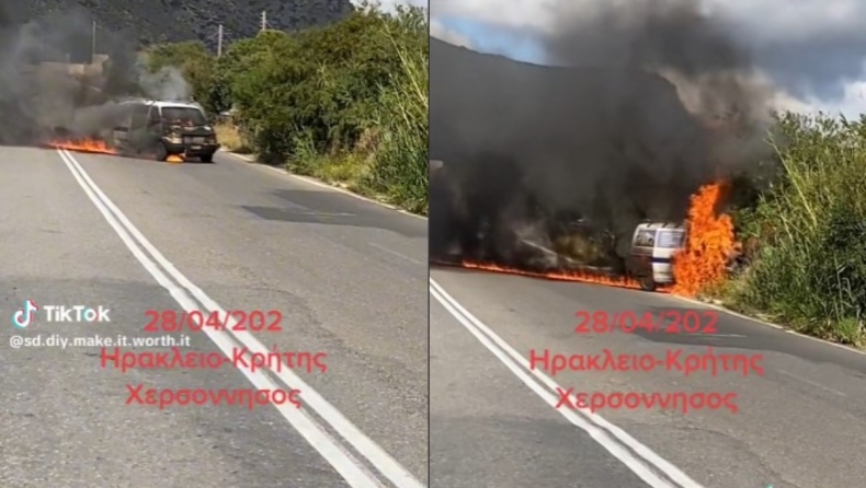 Τρομακτικό ατύχημα στη Κρήτη: Φορτηγάκι έπιασε φωτιά εν κινήσει (vid)