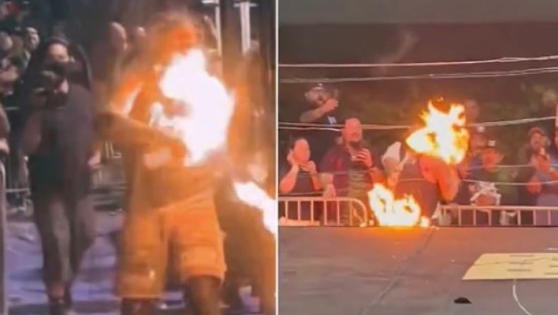 Σοκαριστική στιγμή: Παλαιστής αρπάζει φωτιά στο πρόσωπο κατά την διάρκεια σόου (vid)