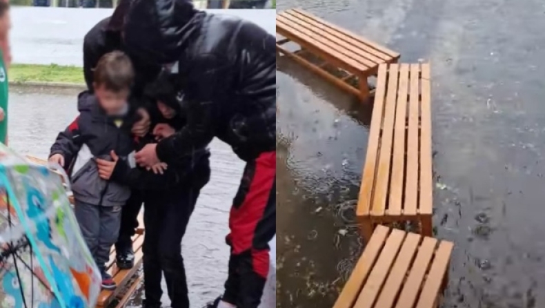 Στα Τρίκαλα έφτιαξαν γέφυρα από καθίσματα για να βγουν νήπια από το σχολείο (vid)