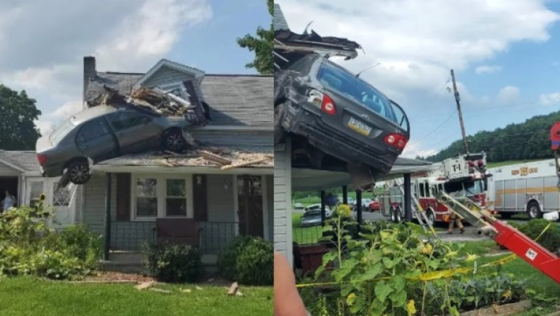 Αυτοκίνητο απογειώθηκε και προσγειώθηκε οροφή σπιτιού: Οι πυροσβέστες δεν ήξεραν πως να απεγκλωβίσουν τον οδηγό (vid)