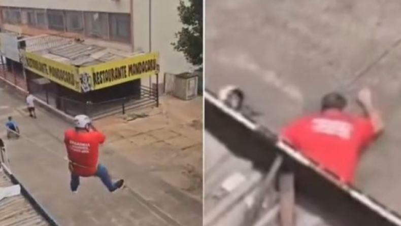 Σοκαριστική πτώση εκπαιδευόμενου πυροσβέστη: Του κόπηκε το σχοινί του zipline (vid)