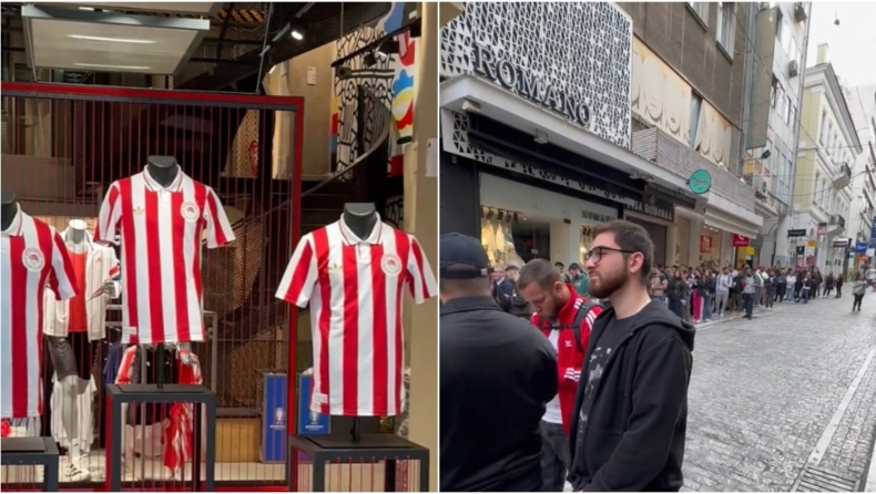 Ολυμπιακός: Ουρές στην Ερμού για την συλλεκτική επετειακή φανέλα, μοίραζαν νερά και χυμούς στον κόσμο (vid)