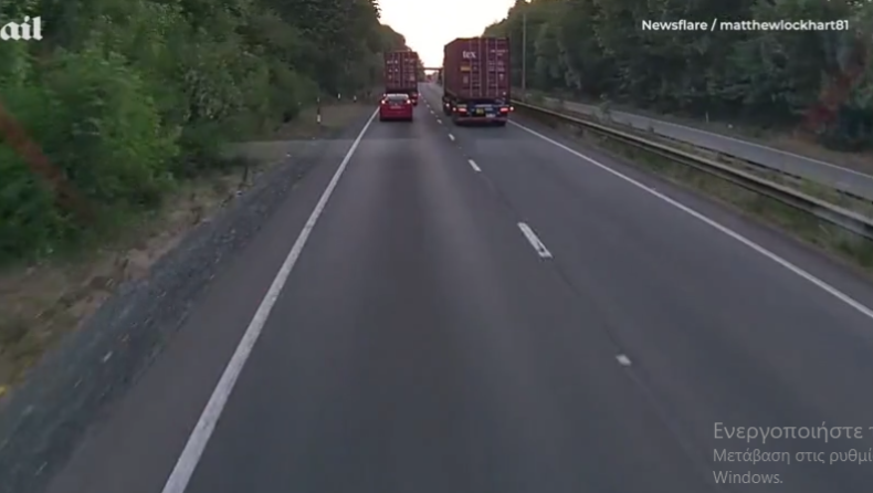 Τρόμος στην εθνική: Απόπειρα προσπέρασης νταλίκας καταλήγει σε θεαματική συντριβή (vid)