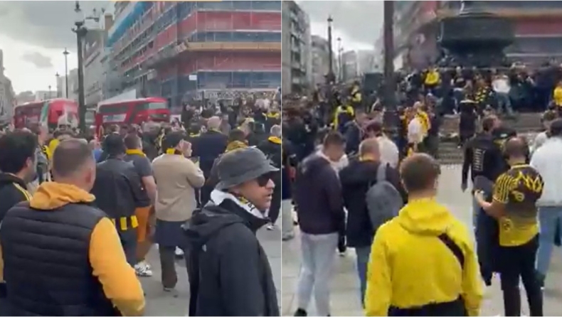 ΑΕΚ: Συνθήματα από τους οπαδούς της Ένωσης που συγκεντρώνονται στο κέντρο του Λονδίνου