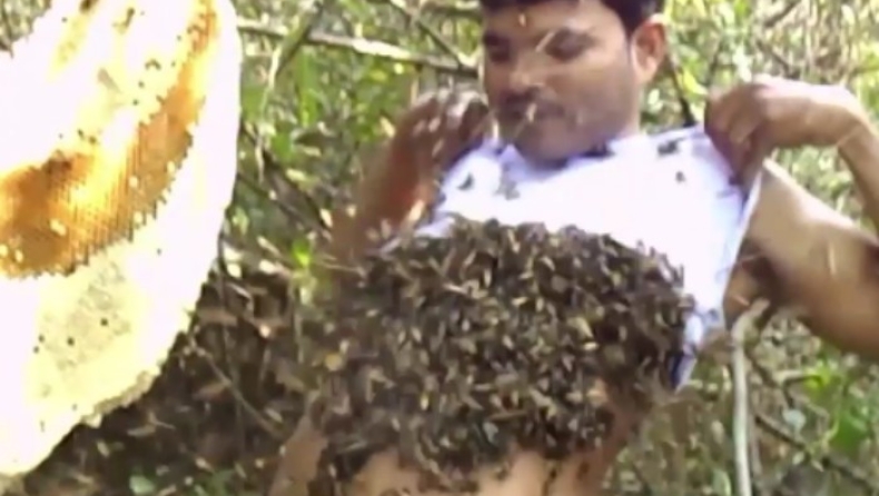 O γητευτής των μελισσών ζει στην Ινδία με χιλιάδες έντομα μέσα στα ρούχα του (pics & vid)