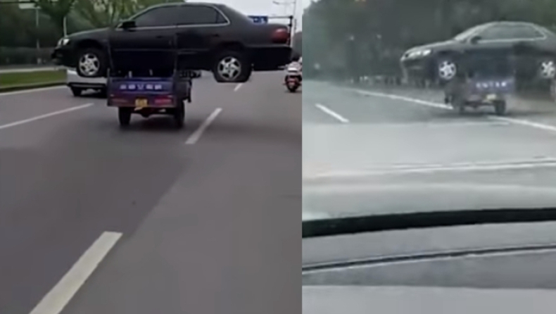 Τύπος με τρίκυκλο μεταφέρει ολόκληρο αυτοκίνητο! (vid)