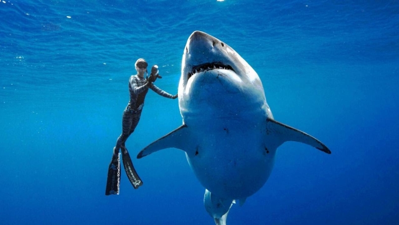 Ατρόμητος δύτης κολυμπάει δίπλα από λευκό καρχαρία (vid)