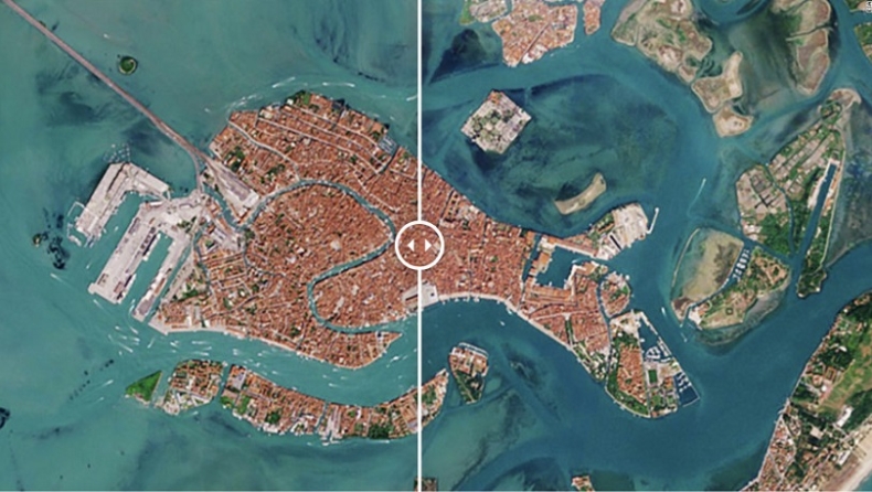 Αγνώριστη η Βενετία: Εικόνες από το διάστημα των θρυλικών καναλιών της σήμερα και πριν έναν χρόνο (pics)