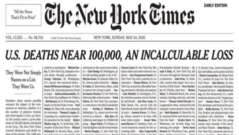 «Δεν ήταν απλώς ονόματα σε μία λίστα»: Το συγκλονιστικό πρωτοσέλιδο των New York Times (pic)