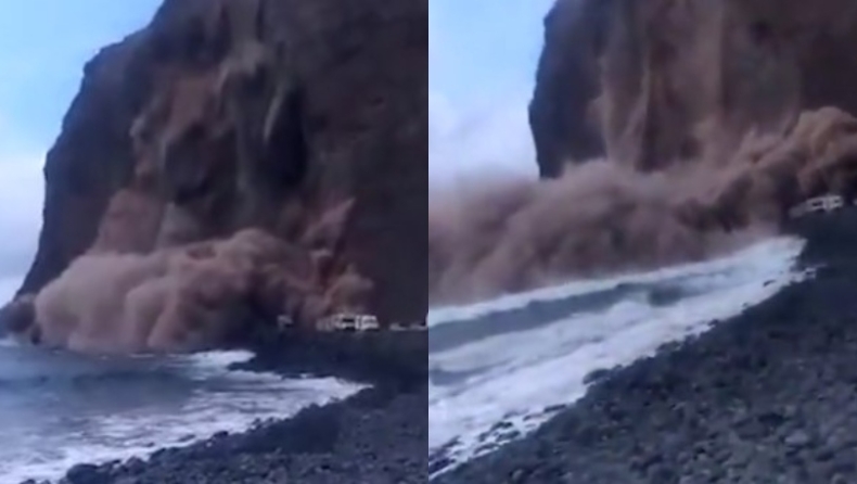 H τρομακτική στιγμή που τεράστιο κομμάτι βράχου πέφτει στην θάλασσα κοντά σε λουόμενους (vid)