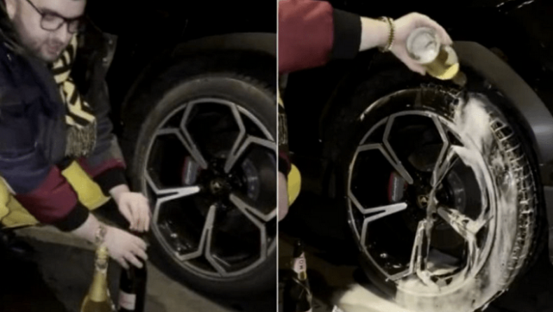 Γιος μεγιστάνα πλένει τα λάστιχα της Lamborghini του με σαμπάνια και τα σκουπίζει με μάσκα για τον κορονοϊό (vid)