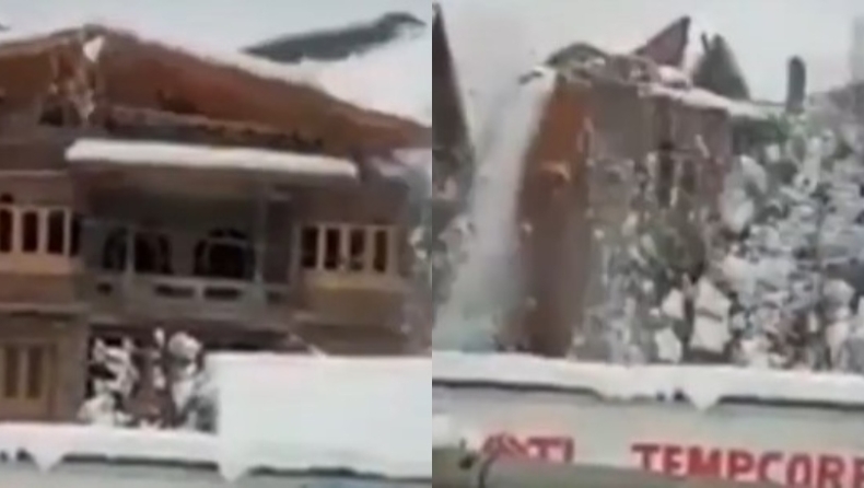 Η στιγμή που ολόκληρη στέγη σπιτιού καταρρέει λόγω χιονιού (vid)
