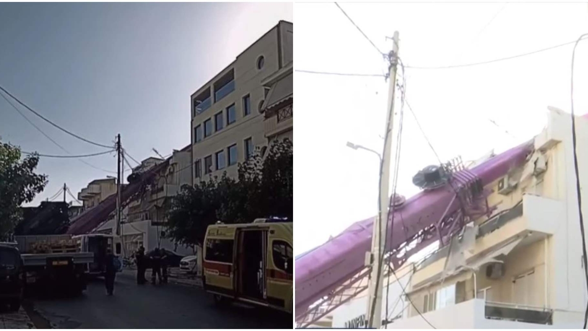 Περιστέρι: Γερανοφόρο όχημα παρέσυρε καλώδια και προσέκρουσε σε ταράτσα πολυκατοικίας (vid)