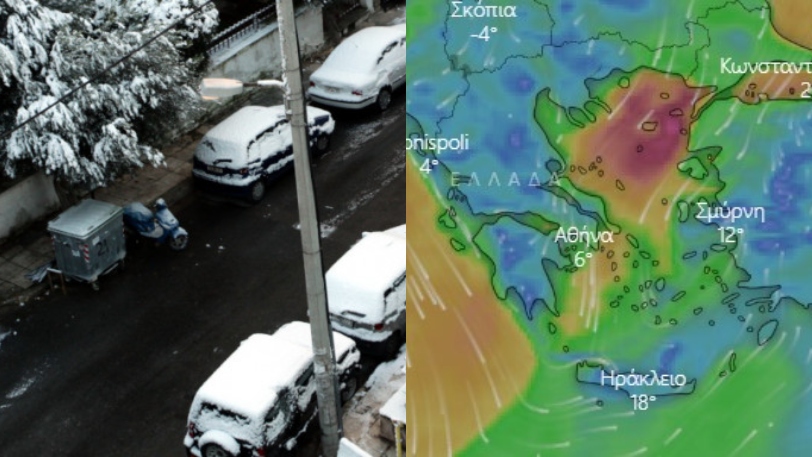 Χιονισμένο τοπίο και χάρτης της κακοκαιρίας 