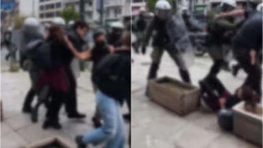 Απρόκλητη επίθεση: Άνδρας των ΜΑΤ κλώτσησε κοπέλα και την έριξε με το κεφάλι σε ζαρντινιέρα (vid)