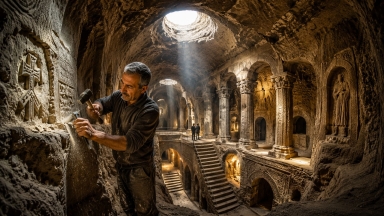 Η σύζυγός του ζήτησε μια απλή αποθήκη για πατάτες: 23 χρόνια μετά είχε δημιουργήσει έναν υπόγειο «κόσμο» 21 μέτρων κάτω από το σπίτι τους