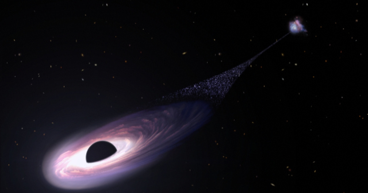 A stunning ‘runaway’ black hole has been found, leaving behind newborn stars